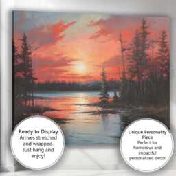 Crimson Sunset Forest Lake Reflection Landscape Canvas Wall Art Print Decor Picture Ready To Hang - thumbnail 3