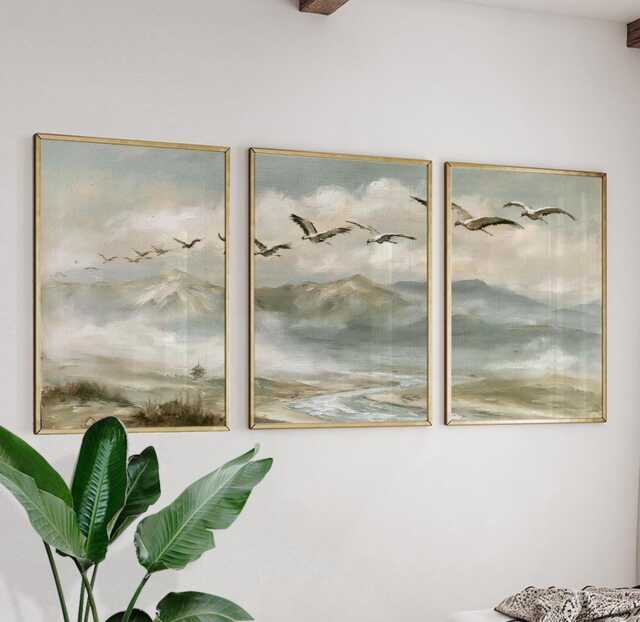Crane Mountain Trio, Misty Landscape Wall Art Set - image 1
