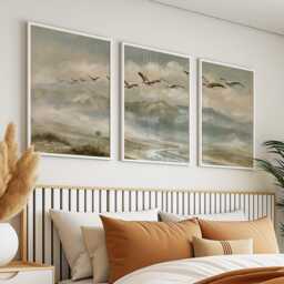 Crane Mountain Trio, Misty Landscape Wall Art Set - thumbnail 3