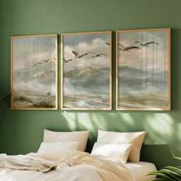 Crane Mountain Trio, Misty Landscape Wall Art Set - thumbnail 2