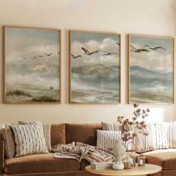 Crane Mountain Trio, Misty Landscape Wall Art Set - thumbnail 4