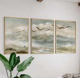 Crane Mountain Trio, Misty Landscape Wall Art Set - thumbnail 1