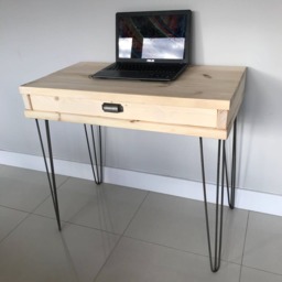 Rustic Pine Desk With Drawer, Solid Wood & Metal Hairpin Legs - thumbnail 2