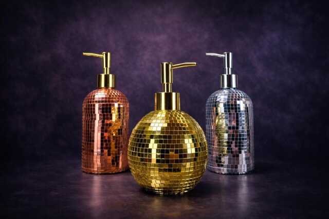 Mirror Ball Soap Dispenser - Hand-Finished Glass Disco Bathroom Decor - image 1