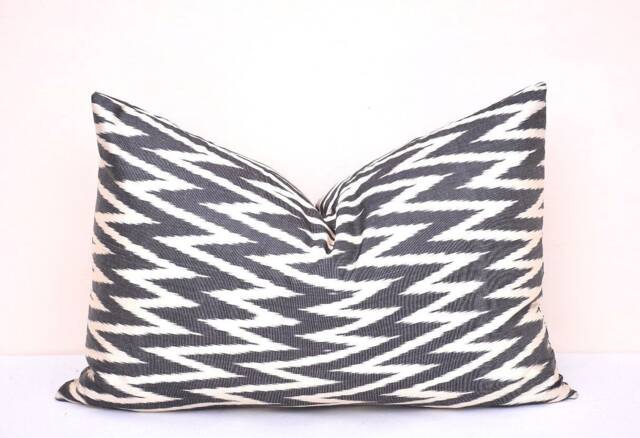 Black Chevron Ikat Pillow Cover, Handloom Woven Cushion - 14x23 Inches - image 1
