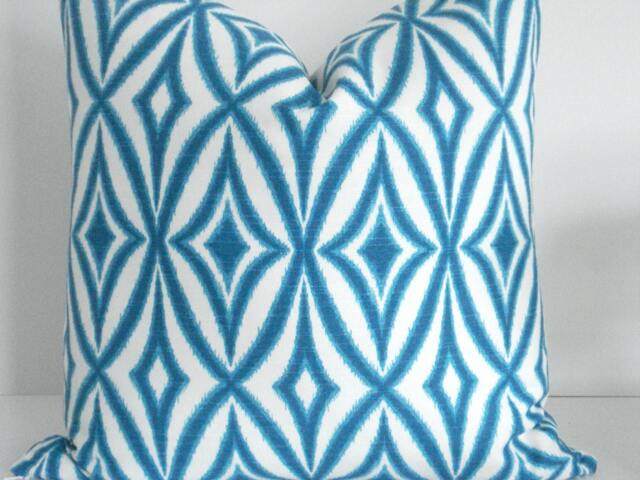 Both Sides -Geometric Ikat -Decorative Designer Pillow Cover-Azure BlueTeal Aqua Throw/Lumbar - image 1