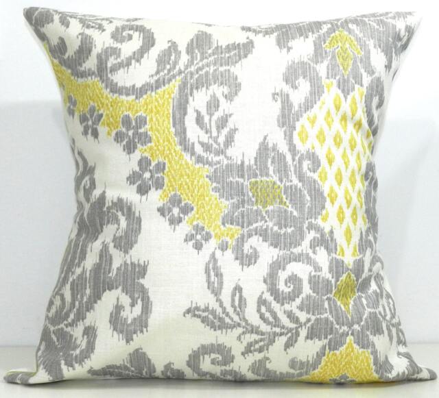 New 18x18 Inch Designer Handmade Pillow Case in Yellow Cream & Grey Ikat