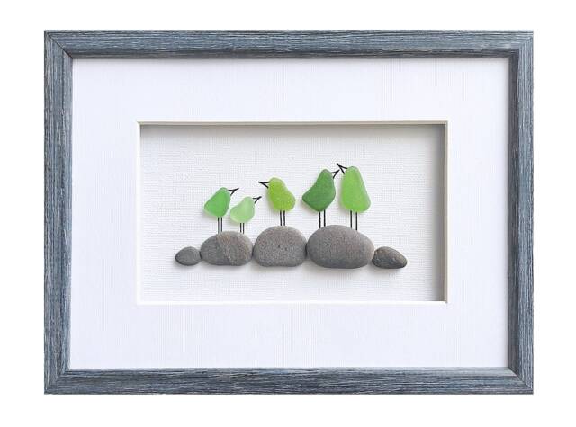 Sea Glass Art Bird Family, Family Of 5 Gift, Framed Wall Art, Anniversary Gift For Wife Or Husband, Five Birds Sea - image 1