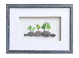 Sea Glass Art Bird Family, Family Of 5 Gift, Framed Wall Art, Anniversary Gift For Wife Or Husband, Five Birds Sea - thumbnail 1