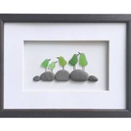 Sea Glass Art Bird Family, Family Of 5 Gift, Framed Wall Art, Anniversary Gift For Wife Or Husband, Five Birds Sea - thumbnail 2