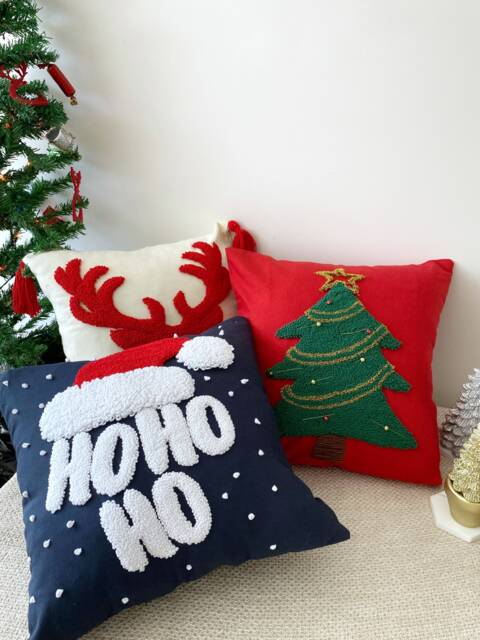 Hand Tufted Christmas Pillow Cover, Embroidered Santa Cushion Cover, Winter Holiday Home Decor Rug, Merry Ornament, Noel Gift - image 1
