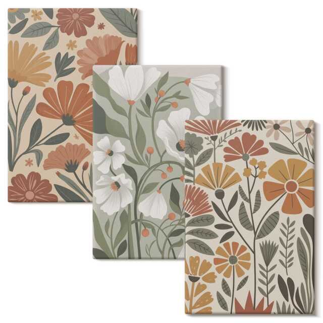 Canvas Wall Art Set Of 3 - Floral Patterns in Shades Orange & Green, Brown Print, Plants Flowers Decor - image 1