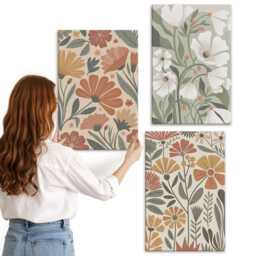 Canvas Wall Art Set Of 3 - Floral Patterns in Shades Orange & Green, Brown Print, Plants Flowers Decor - thumbnail 2