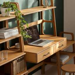 Compact Home Office Set, Bookcase Desk 100 cm With Drawers & Mid 74 cm, Century Modern, Handmade Furniture - thumbnail 3