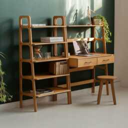 Compact Home Office Set, Bookcase Desk 100 cm With Drawers & Mid 74 cm, Century Modern, Handmade Furniture - thumbnail 2