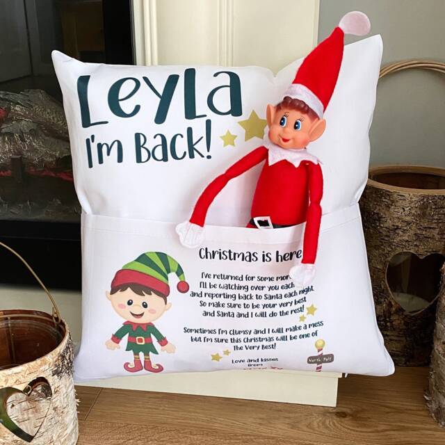 Personalised Elf Is Back Cushion, Christmas Pocket Eve Gift Cushion - image 1