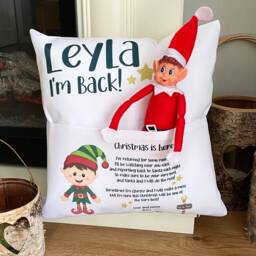 Personalised Elf Is Back Cushion, Christmas Pocket Eve Gift Cushion - thumbnail 1