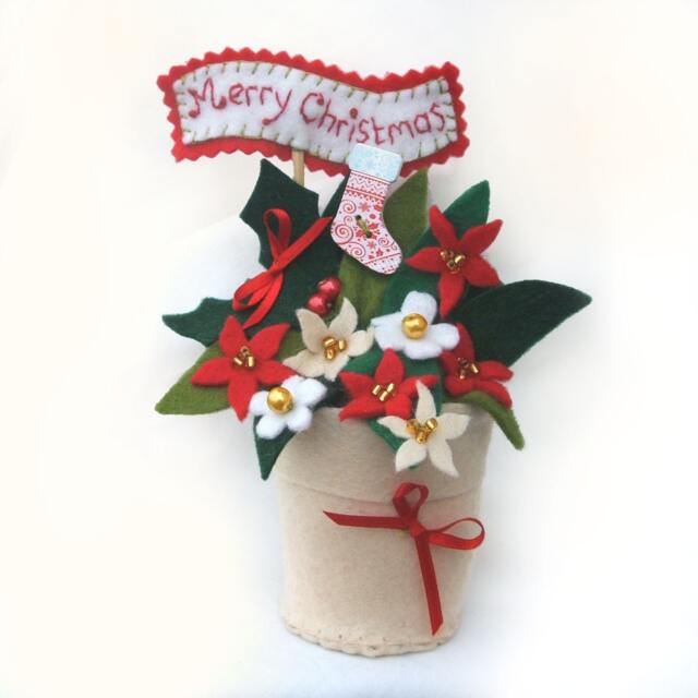 Felt Christmas Flower Pot Decoration Poinsettia & Holly Gift - image 1