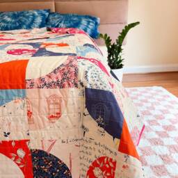 Floral Music Twin Quilt Hot Pink Orange Patchwork Lap Throw - thumbnail 2