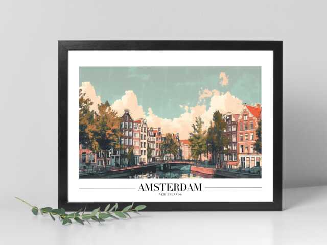 Amsterdam - Landscape - Abstract Art City Location Wall Print Gift Idea Bespoke Poster A5 A4 A3 Framed Or Unframed - image 1