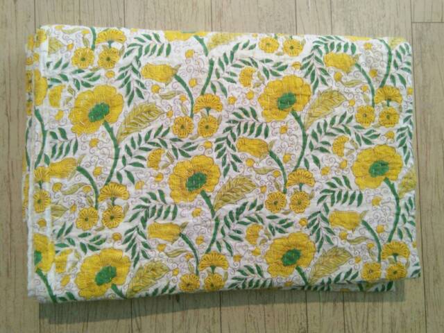 Yellow Floral Indian Handmade Kantha Quilt , Kantha Bedspread, Blanket Coverlet , Throw Size-Multi - image 1