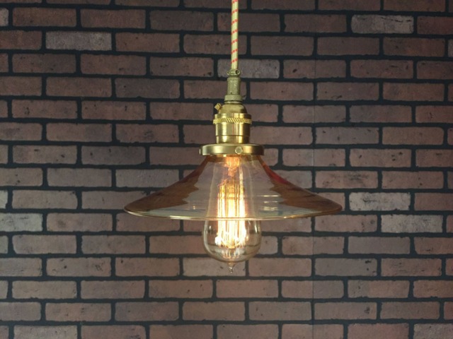 "Industrial Pendant Light -Brass 8"" Flat Amber Glass Shade With Patented ""Hula Electrical Connectors" - image 1