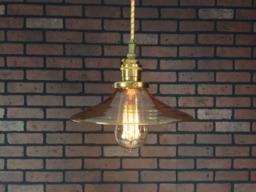 "Industrial Pendant Light -Brass 8"" Flat Amber Glass Shade With Patented ""Hula Electrical Connectors"
