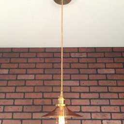 "Industrial Pendant Light -Brass 8"" Flat Amber Glass Shade With Patented ""Hula Electrical Connectors" - thumbnail 2