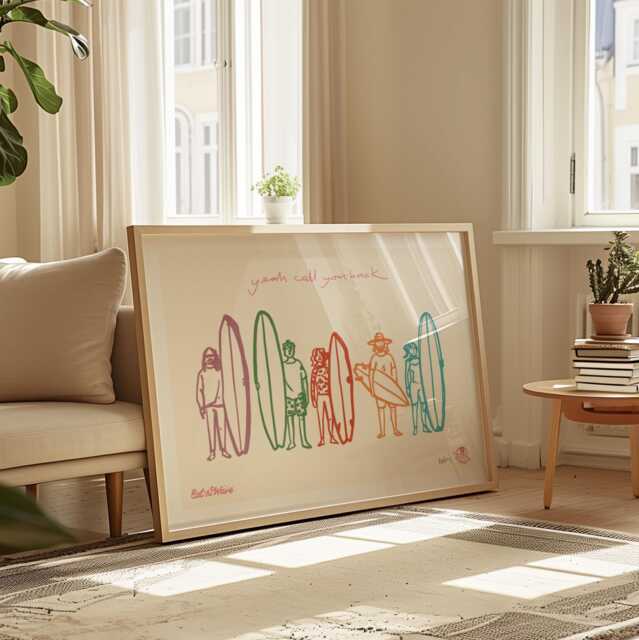 Surfer Line Up Art Print, Colourful Beach House Decor - image 1