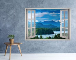 Lake Mountain View Wall Decal - Landscape Art Mountains 3D Window Nature Frame Decor - thumbnail 1