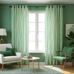 Light Green Leaf Curtains, Modern Botanical Fern Pattern Drapes, Custom Made Window Panels For Living Room Or Bedroom Decor - thumbnail 1