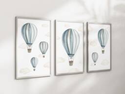 Baby Nursery Air Balloon Cloud Prints - A4 Or A3 Size Stars Boy Girl Wall Art Unisex Neutral Beige Natural Green Blue Pink Boho - thumbnail 1