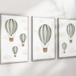 Baby Nursery Air Balloon Cloud Prints - A4 Or A3 Size Stars Boy Girl Wall Art Unisex Neutral Beige Natural Green Blue Pink Boho - thumbnail 2