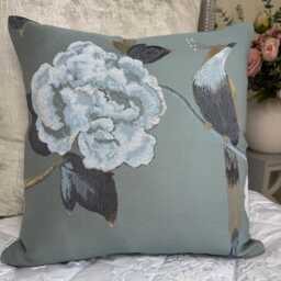 Flower Bird Design Cushion Cover in Duck Egg Teal, Decorative Throw Pillow Cover For Sofa Or Bed, Handmade UK - John Lewis Fabric