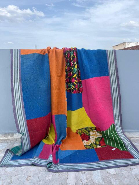 Handmade Block Print Patchwork Reversible Cotton Kantha Quilt Indian Bohemian Bedding - image 1