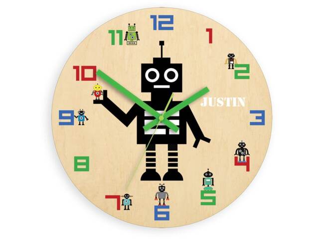 Children Wall Clock - Robot With Personalizen Name, Numbers, Gift, Funny Clock, Kids Boy - image 1
