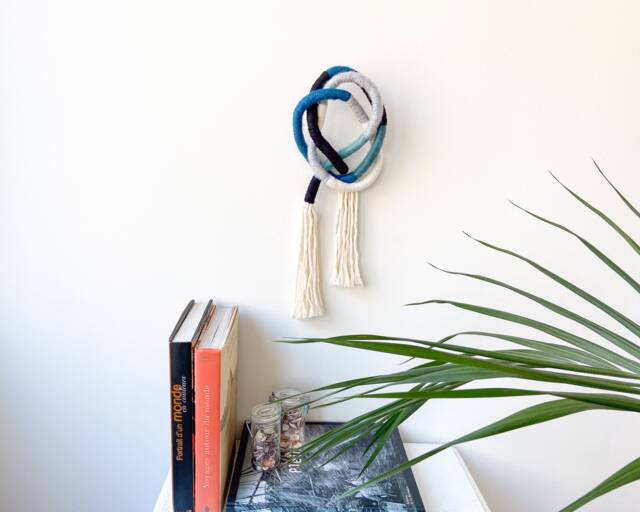 Rope Knot Wall Hanging, Fiber Sculpture Art in Blue Colors, Modern Macrame Wrapped For Home Decor - image 1