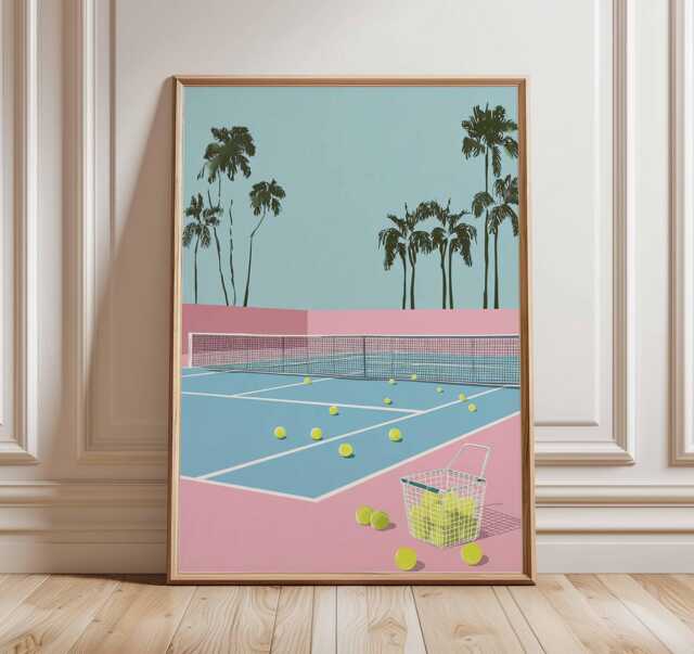 Tennis Court Art Print, Retro Pop Art, Palm Springs Style Decor, Pastel Pink Blue Aesthetic, Sports Wall Gift - image 1