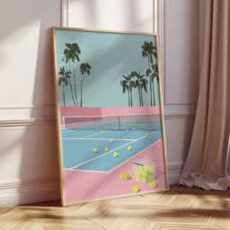 Tennis Court Art Print, Retro Pop Art, Palm Springs Style Decor, Pastel Pink Blue Aesthetic, Sports Wall Gift - thumbnail 2