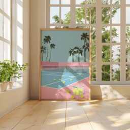 Tennis Court Art Print, Retro Pop Art, Palm Springs Style Decor, Pastel Pink Blue Aesthetic, Sports Wall Gift - thumbnail 3