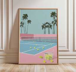 Tennis Court Art Print, Retro Pop Art, Palm Springs Style Decor, Pastel Pink Blue Aesthetic, Sports Wall Gift - thumbnail 1