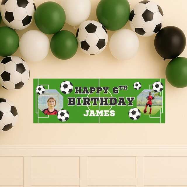 Personalised Football Birthday Banner - Custom Name, Age & Photos Sports Themed Kids Party Decoration - Decor For Boys