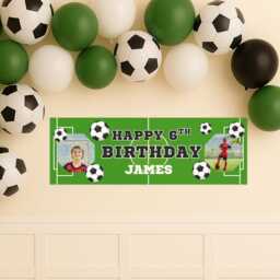 Personalised Football Birthday Banner - Custom Name, Age & Photos Sports Themed Kids Party Decoration - Decor For Boys - thumbnail 1