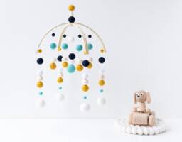 Navy Blue & Mustard Baby Mobile - Boy Felt Pom Crib Aqua Wool Ball Nursery Cot Wooden Arch Ceiling Decor