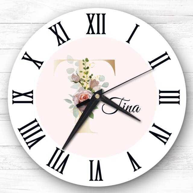 Floral Alphabet Name Initial Letter T Personalised Gift Clock - image 1