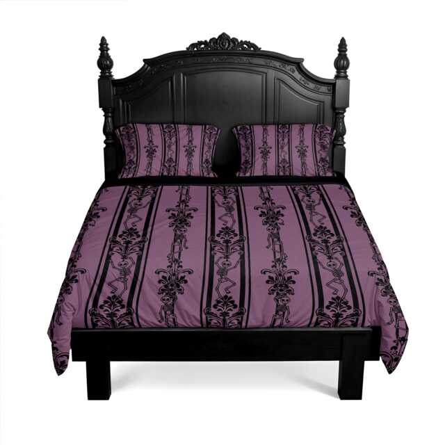 Dancing Skeleton Bedding Set, Gothic Baroque 3-Piece Duvet Cover & Pillowcases in Dusty Rose Pink, Spooky Victorian Maximalist Bedroom Decor - image 1