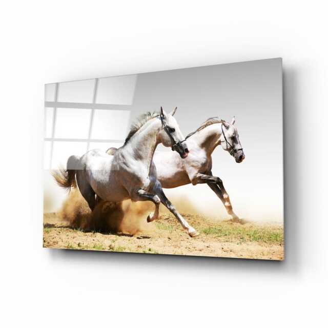 Running Horses - Dynamic White Stallions Tempered Glass Wall Art For Modern Home D??cor - image 1