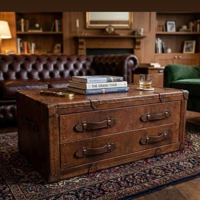 Handmade Leather Campaign Trunk Coffee Table With Drawers - English Oak Hardwood Furniture - image 1