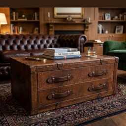 Handmade Leather Campaign Trunk Coffee Table With Drawers - English Oak Hardwood Furniture