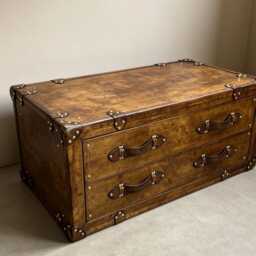 Handmade Leather Campaign Trunk Coffee Table With Drawers - English Oak Hardwood Furniture - thumbnail 3